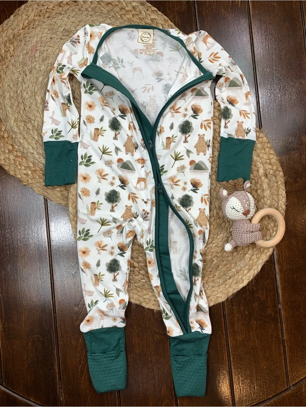 Baby Bamboo Gender Neutral One-Piece Zipper Romper in Forest Green and Cream